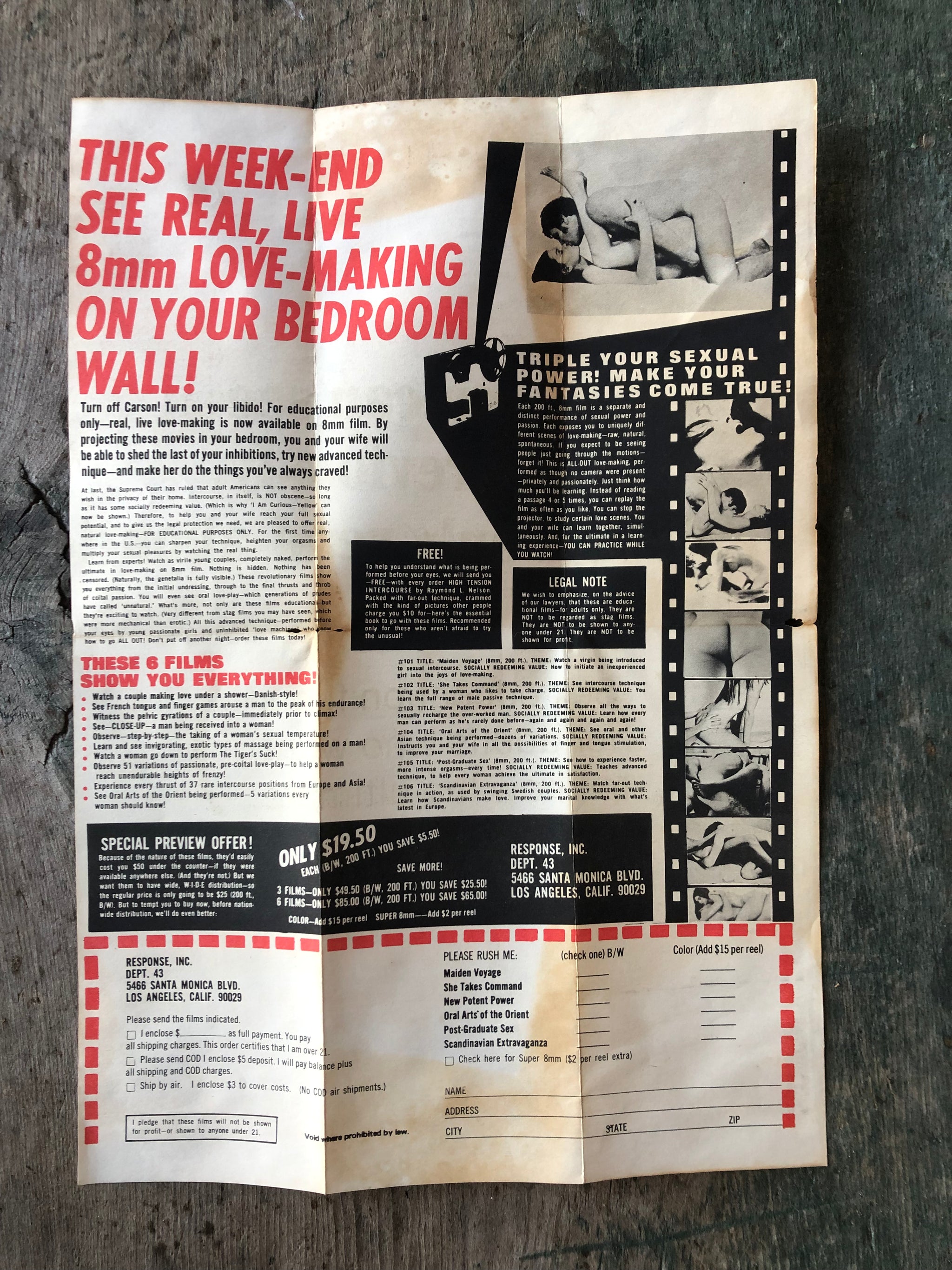 Advertisement Poster and Order Form for Six 8mm Pornographic Films – Under  the Covers Antique and Vintage Books